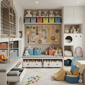 Clever storage solutions for toys and equipment in an organized indoor home playground.
