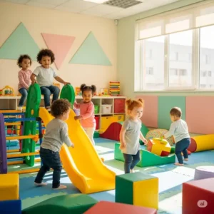 A group of toddlers happily playing together in a well-equipped indoor play gym for toddlers, encouraging social interaction.