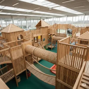Overview of a multi-level indoor wooden playground activity zone with tunnels and bridges.