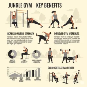 Infographic highlighting key benefits of using **jungle gym workout equipment**, such as improved strength, flexibility, and cardiovascular health.