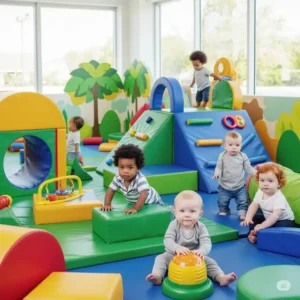 Infant indoor jungle gym offering multiple age-appropriate activities and challenges for developing babies.