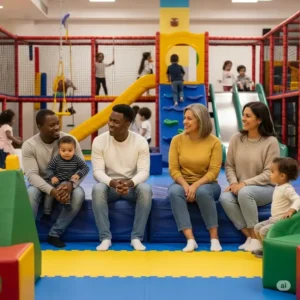 Parents comfortably observing their children playing safely in a well-lit indoor kids gym, emphasizing supervision and family-friendly atmosphere.