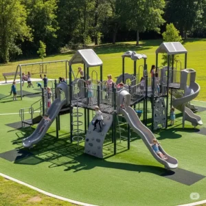 A large commercial-grade metal playground set in a park, offering multiple play features for children of all ages.