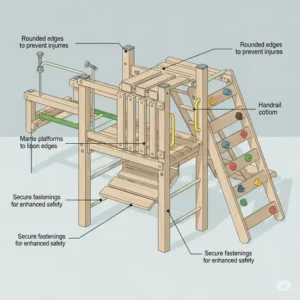  Diagram highlighting key safety features of a wooden indoor jungle gym, including rounded edges and secure fastenings for child protection.