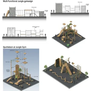 Architectural schematic illustrating a multi-functional jungle gyms for adults design, showcasing various components and layouts suitable for adults of all fitness levels.