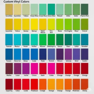 Swatch of available vibrant color options for custom vinyl playground sets, allowing for personalized backyard aesthetics.