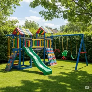 Vinyl playset made from recycled materials in a green backyard, promoting an environmentally friendly play area.