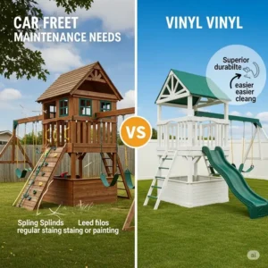 An illustration comparing vinyl and wood backyard playsets, emphasizing the benefits of vinyl such as low maintenance and no splintering.