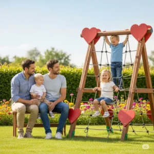 Family watching their children play safely on the durable wood and hearts jungle gym.