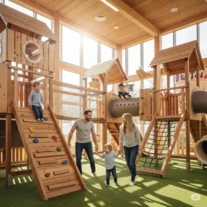 Family enjoying quality time together at a spacious wooden indoor playground facility.