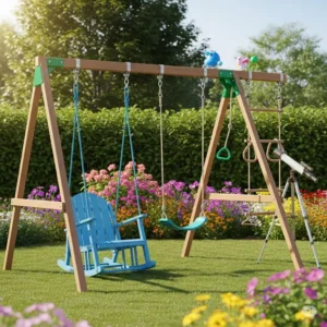 Various fun accessories for a best rated wooden swing set, including a glider swing, trapeze bar, and telescope, enhancing play value.