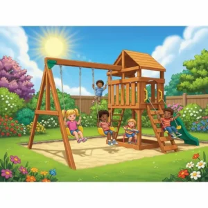 An appealing illustration of a completed wooden swing set kit integrated into a lively backyard play area.