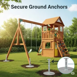 Image illustrating the secure ground anchors for a stable and safe wooden swing set with playhouse.