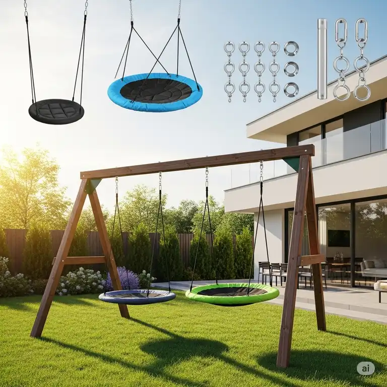 A comprehensive collection of popular swing set accessories for adults, including heavy-duty swings, comfortable disc swings, and durable hanging hardware, showcased in a modern backyard setting.