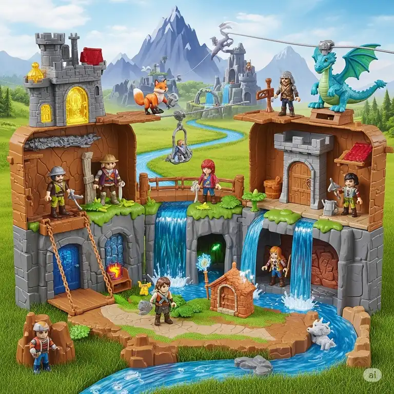 Adventure world playsets with multiple figures and interactive elements, perfect for imaginative play.