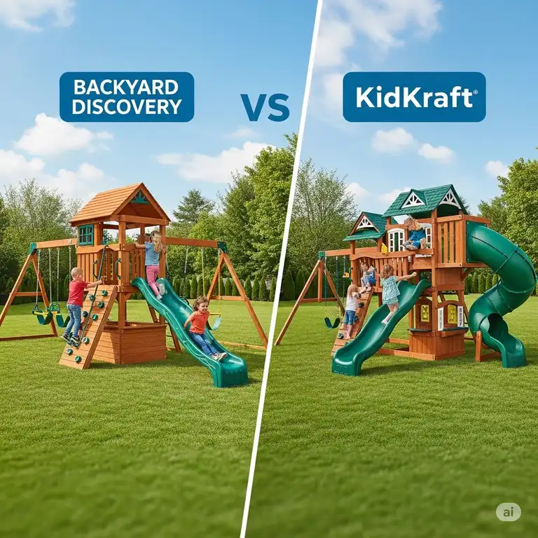 A vibrant side-by-side comparison of a Backyard Discovery wooden playset and a KidKraft playset, highlighting their unique features for families deciding between the two brands.