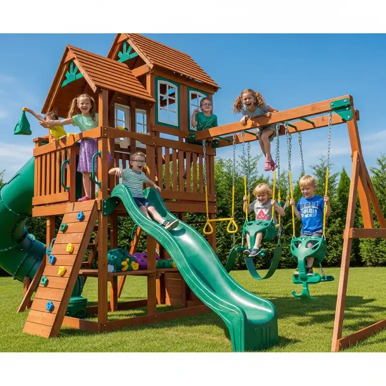 Kids happily playing on a large, multi-level best outdoor play set with swings and a slide, ideal for backyard fun and development.