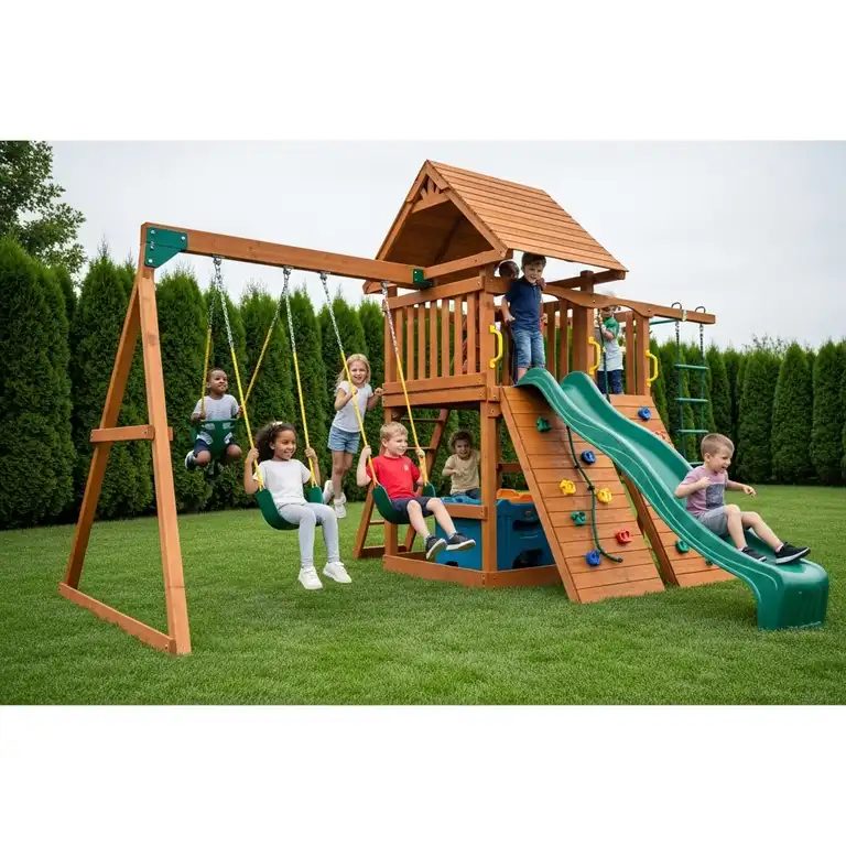 Kids playing happily on a large wooden playset with swings, slide, and climbing wall, ideal for active outdoor fun.