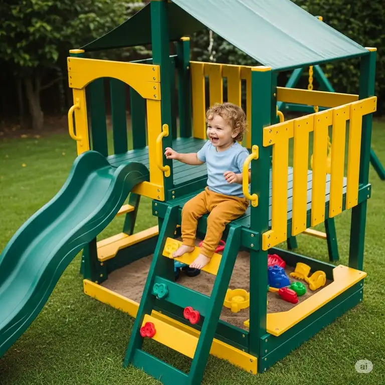 A happy toddler laughing and playing on a colorful, safe playset in a backyard, showcasing one of the best playsets for toddlers available.