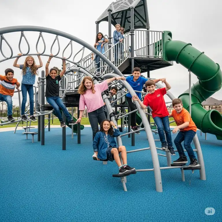 A group of pre-teens and teenagers laughing while climbing on a large, modern playset designed for older kids, featuring challenging monkey bars and a tall slide.