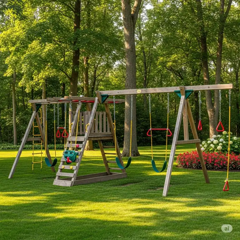 A large, sturdy big wooden swing set with multiple swings, positioned in a spacious green backyard, perfect for family fun.