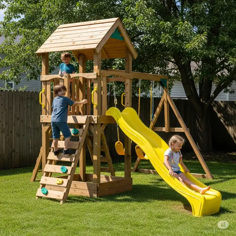 A vibrant backyard featuring a completed DIY outdoor playset, showing happy children climbing and sliding, highlighting the fun and accessibility of playset kits.