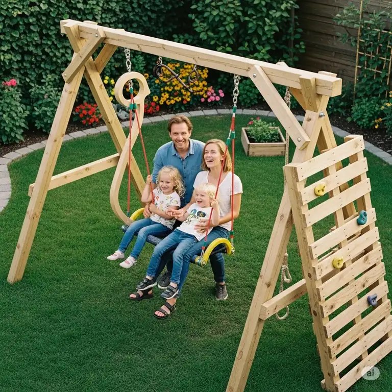 "A happy family playing on a custom-built DIY wooden swing set in their backyard, showcasing various design elements suitable for home construction." diy swing set designs
