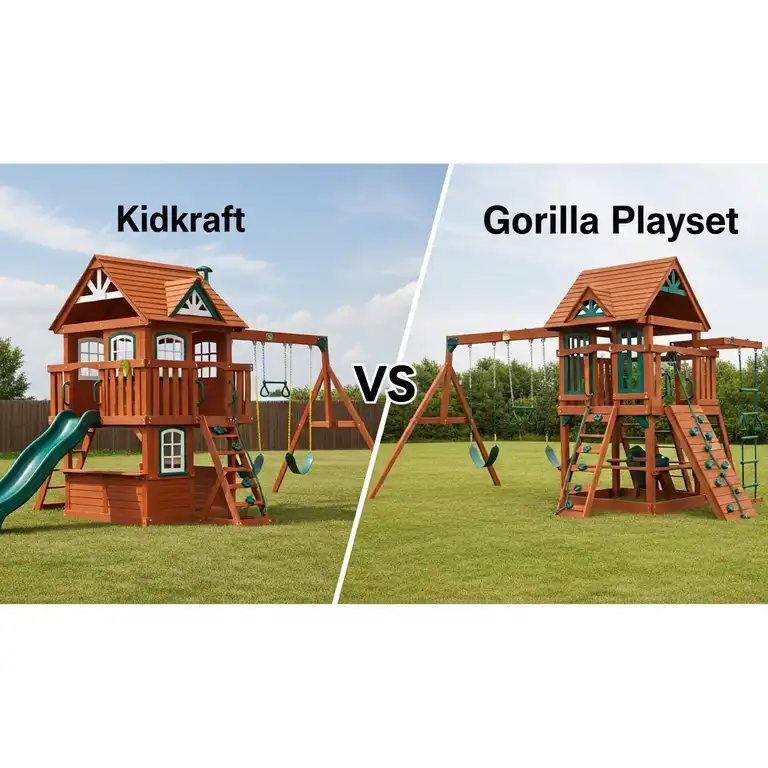 "Side-by-side comparison of a Kidkraft vs Gorilla playset, highlighting design and feature differences for families choosing the best option."