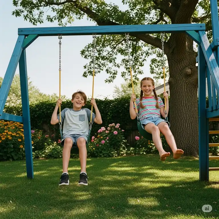 Two 10-year-old children laughing and swinging high on a sturdy backyard swing set, demonstrating active play and fun.