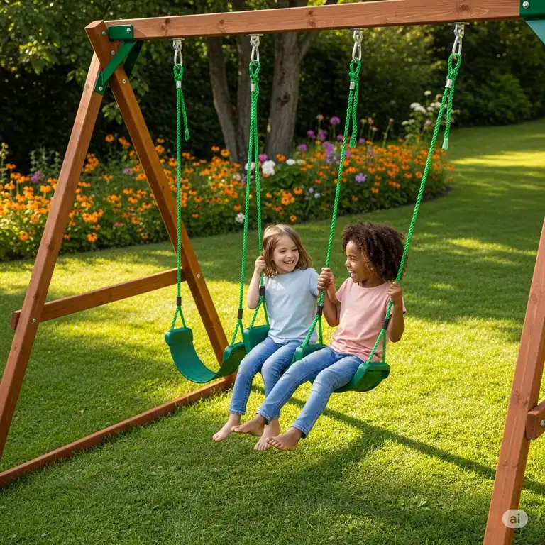 "Children smiling and laughing while playing on a sturdy wooden swing kits installed in a backyard, featuring bright green ropes and a comfortable seat."