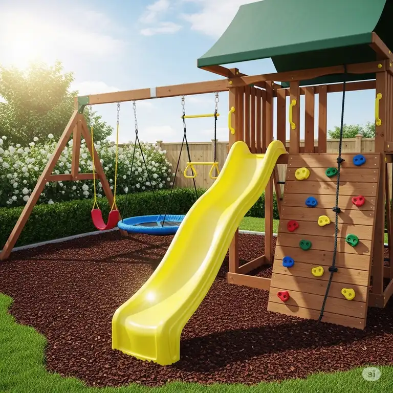 A vibrant, featured image showcasing a variety of outdoor playset accessories, including swings, a slide, and a climbing wall, to enhance a backyard play area.