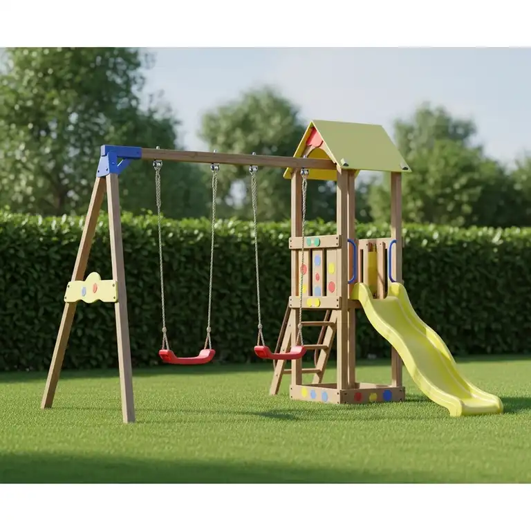 A colorful small backyard swing set with two swings and a slide, perfect for compact outdoor spaces and young children.