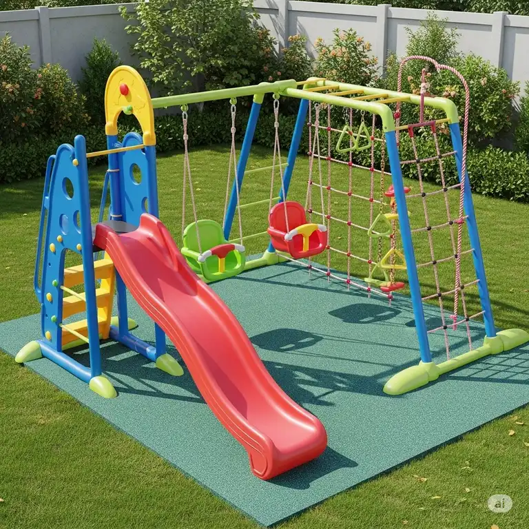 A vibrant small playground set, perfect for a backyard, featuring a slide, swings, and climbing elements designed for young children.
