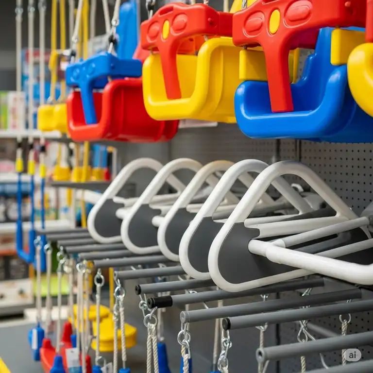 Close-up of various swing set accessories on clearance, including colorful swings, gliders, and trapeze bars, displayed in a well-organized section of a store, part of the swing set accessories clearance.