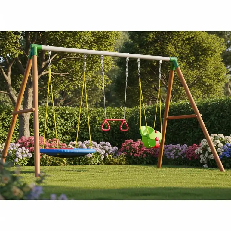 A vibrant, high-quality featured image showcasing a modern swing set with various popular accessories, including a saucer swing, a trapeze bar with rings, and a comfortable baby swing, all in a backyard setting.