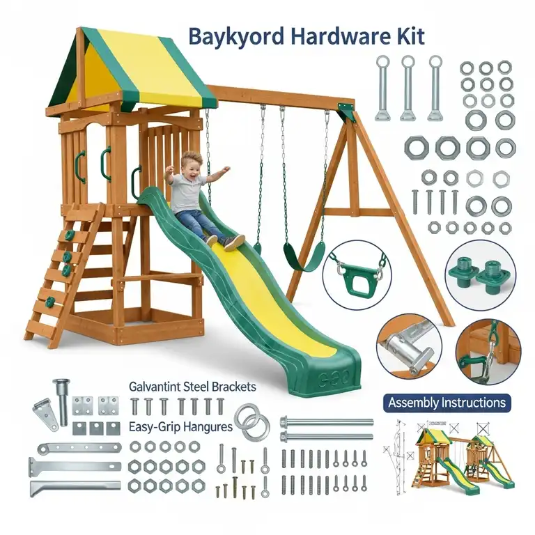 Complete swing set hardware kit with slide, all components for building a backyard play area, including a sturdy slide.