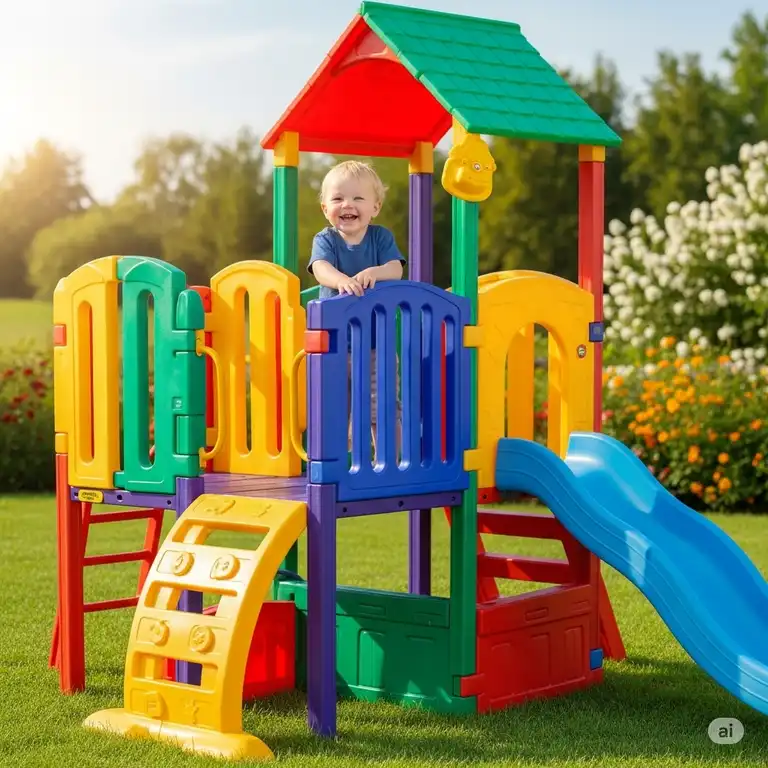 A happy toddler giggling on a colorful toddler outdoor play equipment, perfect for developing motor skills and encouraging active play.