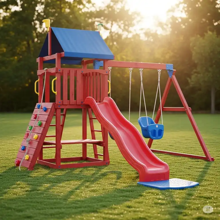 A vibrant red and blue toddler outdoor playset with a slide, swing, and climbing wall, perfect for active play in a backyard.