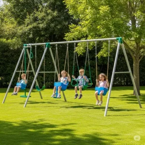 Durable metal swing set with multiple swings, a classic choice for the best playsets for backyard enjoyment.