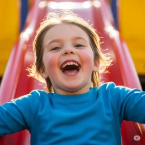 Happy child enjoying a ride down a durable slide for outdoor playset, highlighting the joy of active playtime.