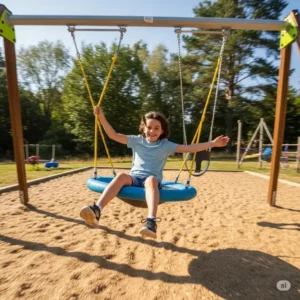 Older child enjoying a comfortable disc swing, suitable for dynamic play on a swing set for older kids.