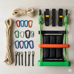 "An overhead view showcasing the various components of a DIY swing kits laid out, including ropes, carabiners, a swing seat, and hanging straps."