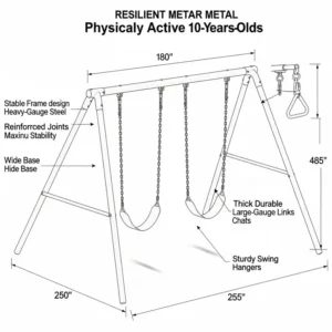 Diagram of a robust metal swing set, highlighting its stable A-frame design and heavy-duty chains, ideal for active 10-year-olds.