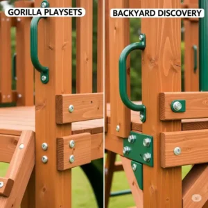 Close-up comparison of wood and hardware, illustrating the durable construction of Gorilla vs Backyard Discovery playsets.