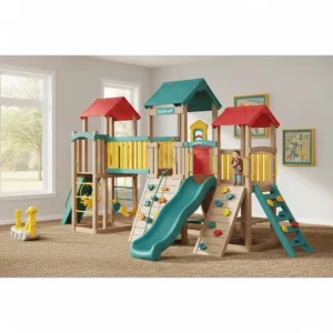 llustration showing a colorful, traditional KidKraft playset with a modern twist, representing its typical design aesthetic compared to Backyard Discovery.