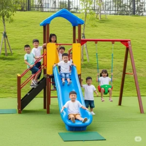 Happy children playing on a compact small playground set, enjoying the slide and swings in a safe environment.