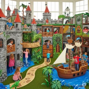 Children excitedly playing with a large adventure world playset, exploring different sections.