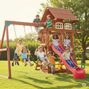 Happy children laughing and playing on a big wooden swing set, enjoying the outdoors.