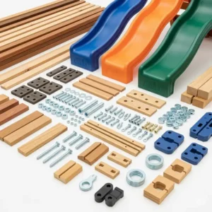 Close-up of various DIY outdoor playset kit components laid out, including pre-cut lumber, hardware, and slides, illustrating what's included.