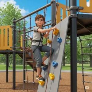 An illustration of an older child confidently scaling a challenging rock climbing wall section of a playset, showcasing features for older kids.